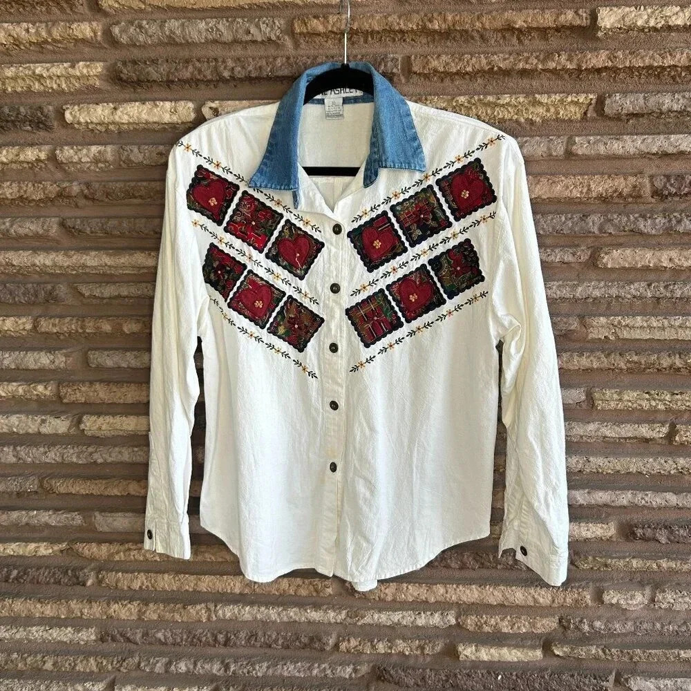 Jane Ashley Vintage 90s Embroidered Cottagecore Hearts Flowers Shirt